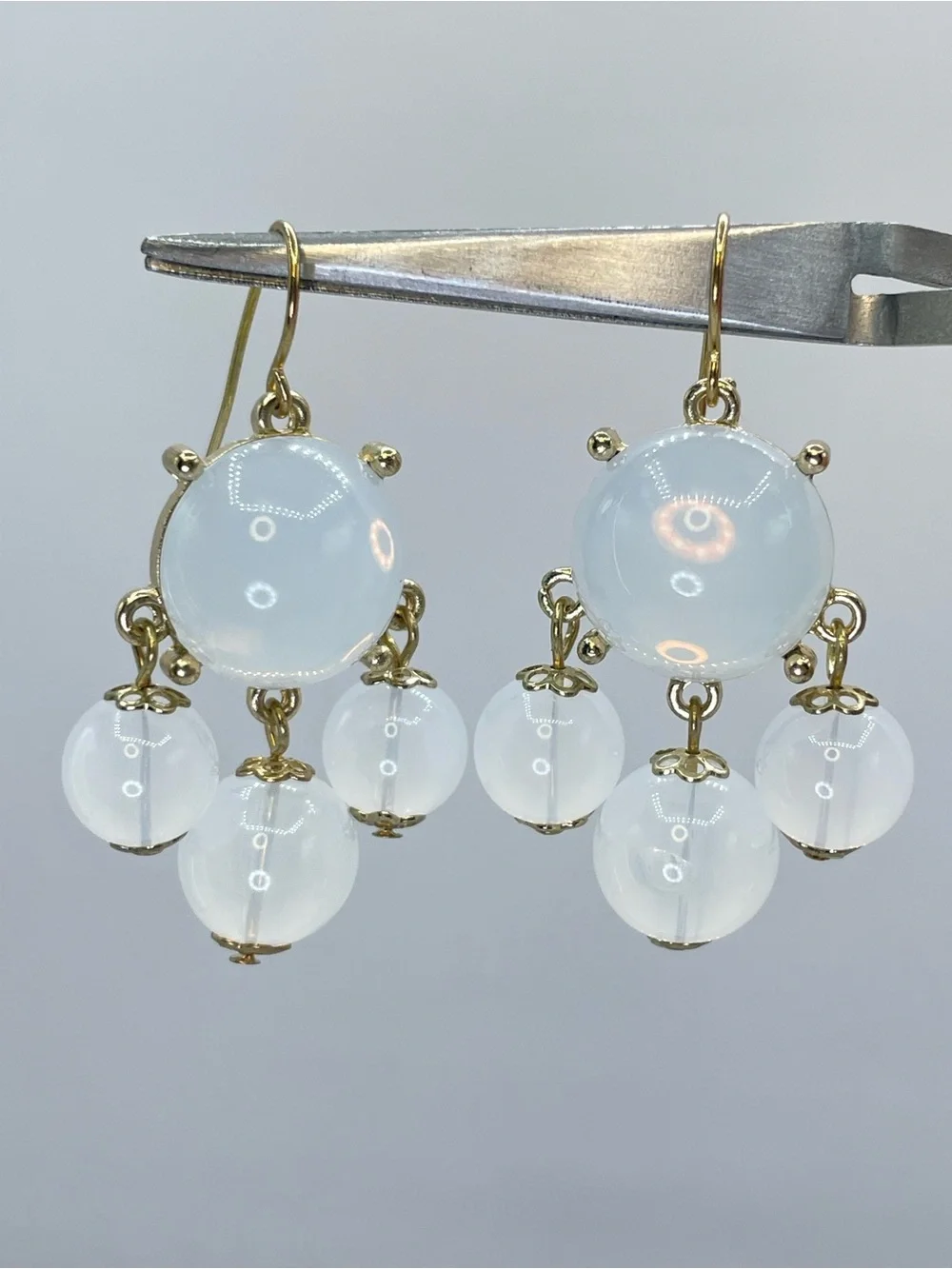 Gold Tone White Acrylic Beaded Chandelier Dangle Drop Earrings